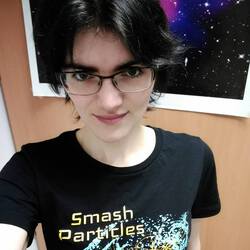 Close-up headshot of me in front of an image of the Bullet Cluster.