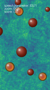 Screenshot from the game DarkMaster showing different coloured circles moving through the universe.